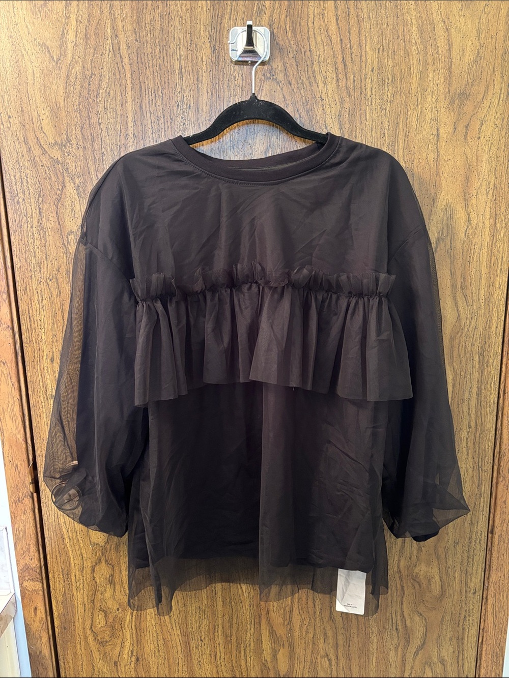 Women's Black Layered Ruffle Mesh Long-Sleeve Top